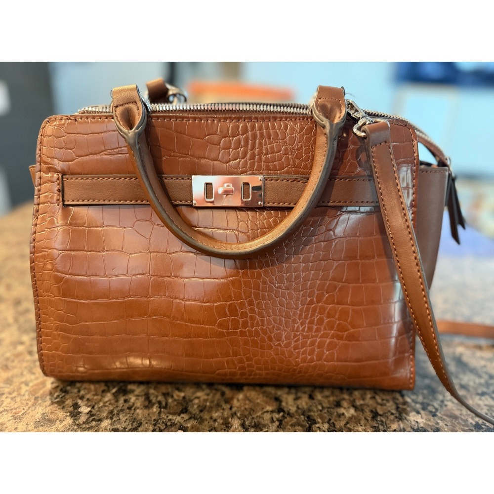 Nine West Brown Crocodile Embossed Satchel Crossbody Handbag‎ Silver Hardware